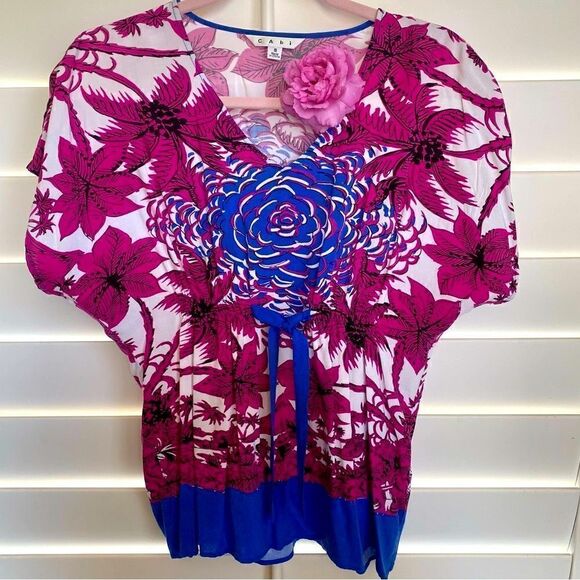 Cabi Vintage Fuchsia & Blue Hawaiian inspired tropical print blouse. Sz S - Picture 1 of 6